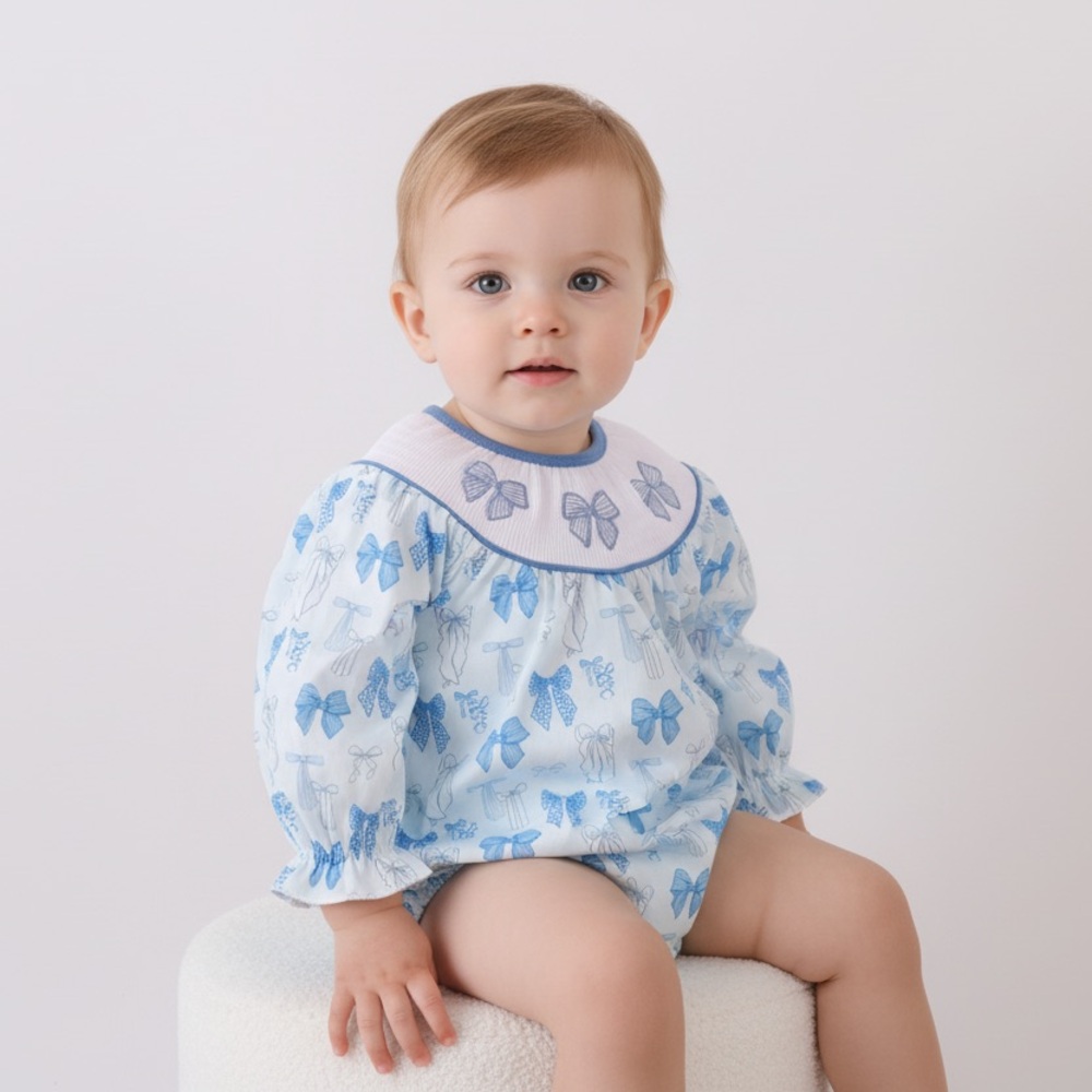 Blue Bow Smocked Bubble